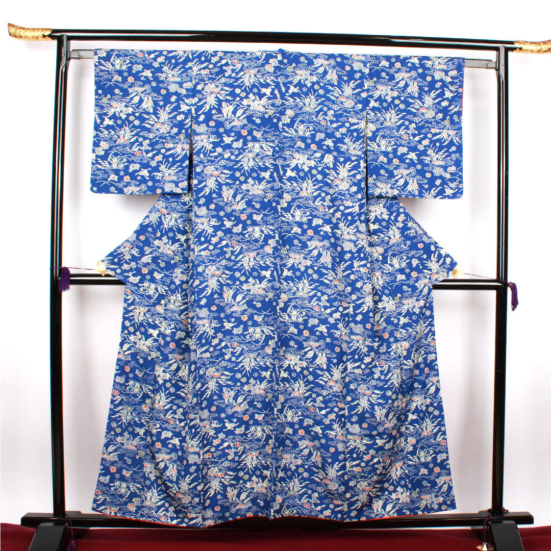 小紋 身丈157.5cm 裄丈61cm 袷  瑠璃紺色 型染 草花模様  正絹 Sランク 青系 1115002202317