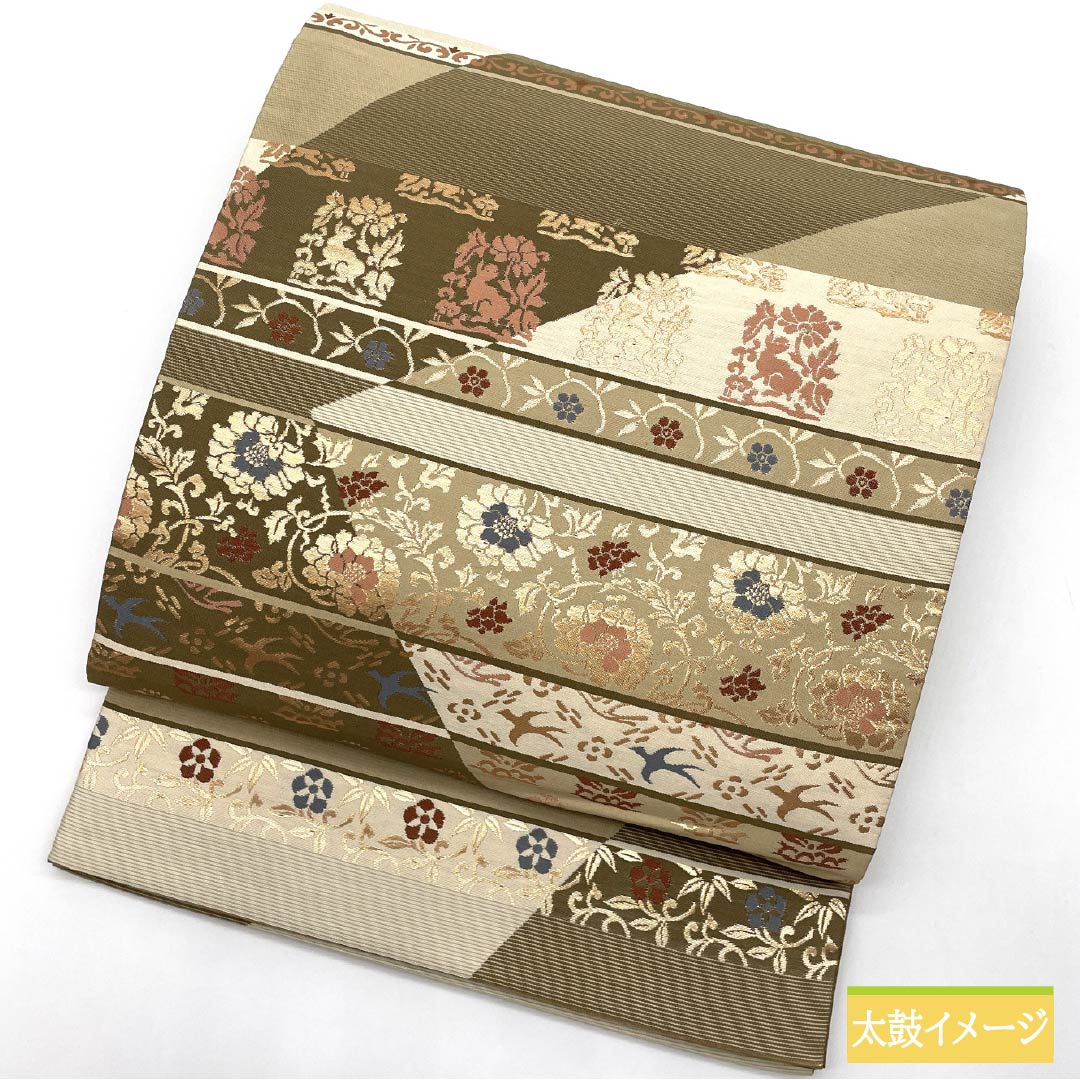 リサイクル着物】袋帯 正絹 横段 花唐草 鳥 帯丈428cm Aランク