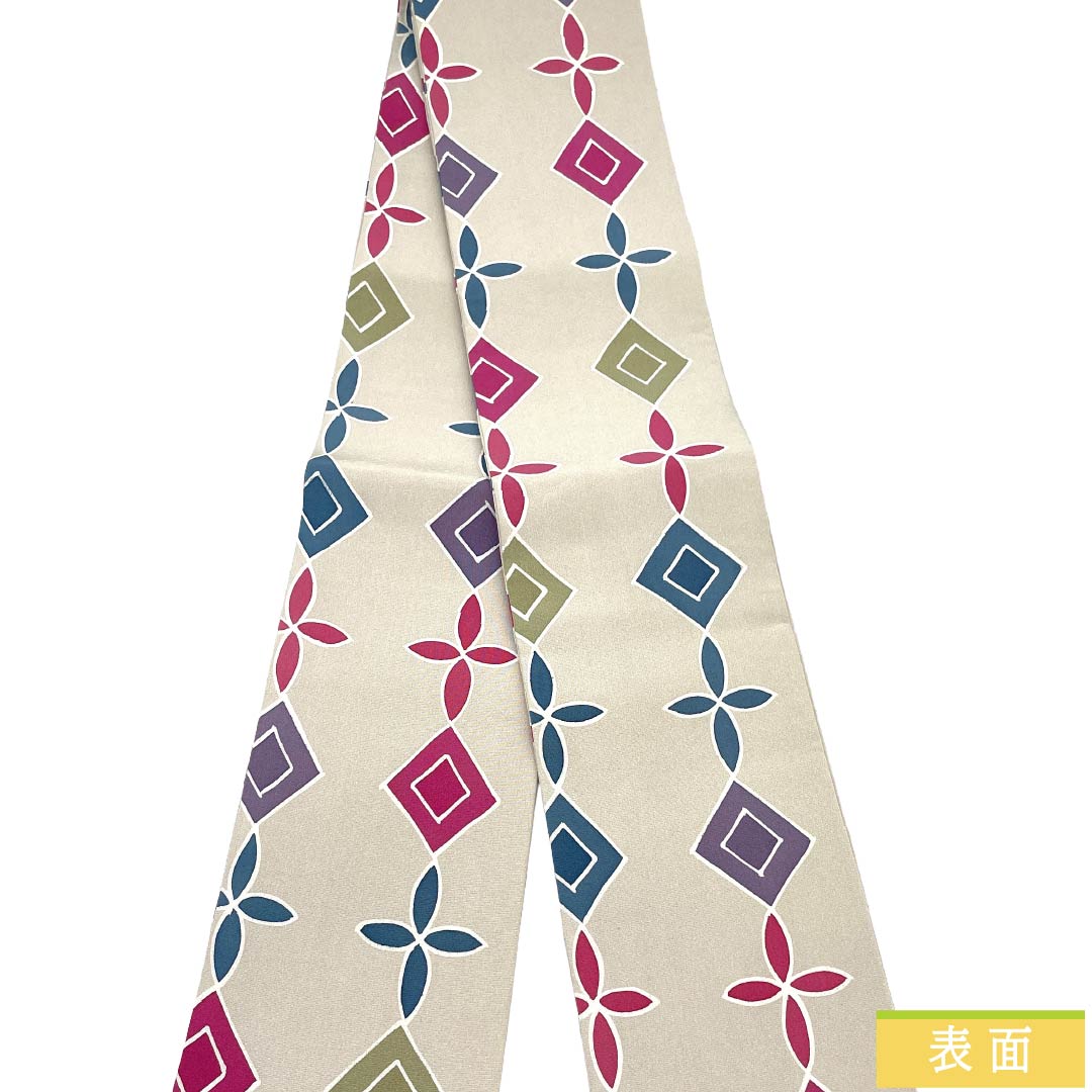 半幅帯 正絹 Ａランク 蕎麦切色（そばきりいろ） 幾何学模様 帯丈321cm グレー系 1125002953322