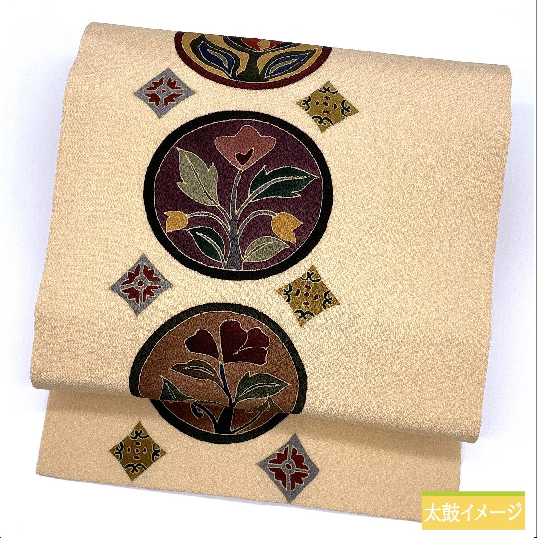 名古屋帯 正絹 薄柿色（うすがきいろ） 抽象花模様 ちりめん地 長尺 帯丈383cm Sランク ポイント柄 カジュアル ベージュ系 1124006322425 名古屋仕立て