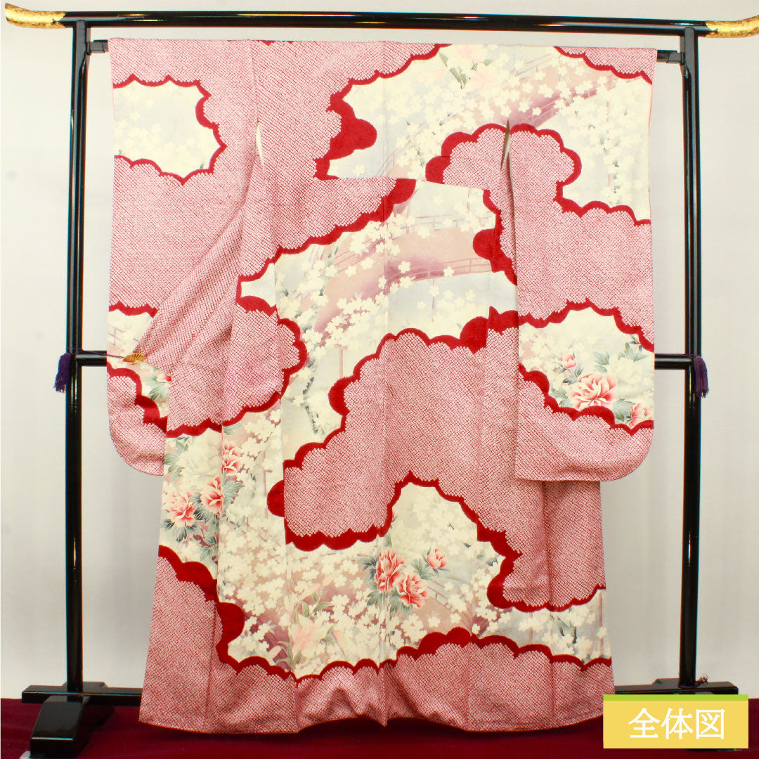 Furisode, pure silk, length 163.5cm, sleeve length 65cm, lined, crimson, Kyo-Yuzen, tie-dye, cherry blossom, rose, S rank, red, 1113001992412