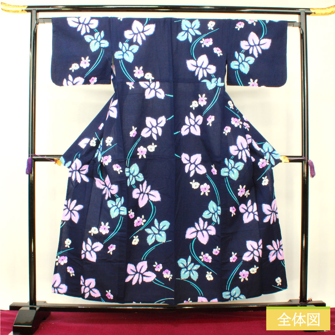 浴衣 木綿 身丈156cm 裄丈64.5cm Sランク 単衣 紺系 濃紺色（のうこんいろ） 菖蒲 椿 1118005182318