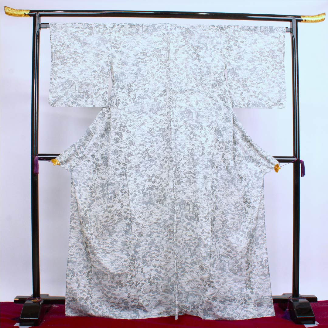 夏物 ポリエステル 小紋 身丈168.5cm 裄丈67.5cm 白色 茶屋辻 松竹梅 流水 絽 Aランク 白系 1132000023511