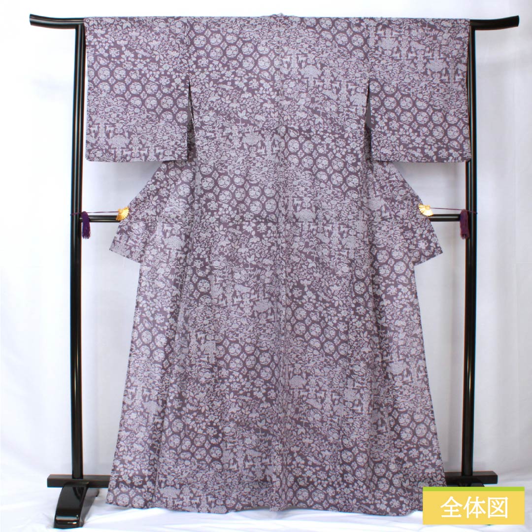 夏物 ポリエステル 小紋 身丈165.5cm 裄丈64.5cm 滅紫色（けしむらさきいろ） 割付 更紗模様 洗える着物 紗 Sランク 紫系 1132002152520