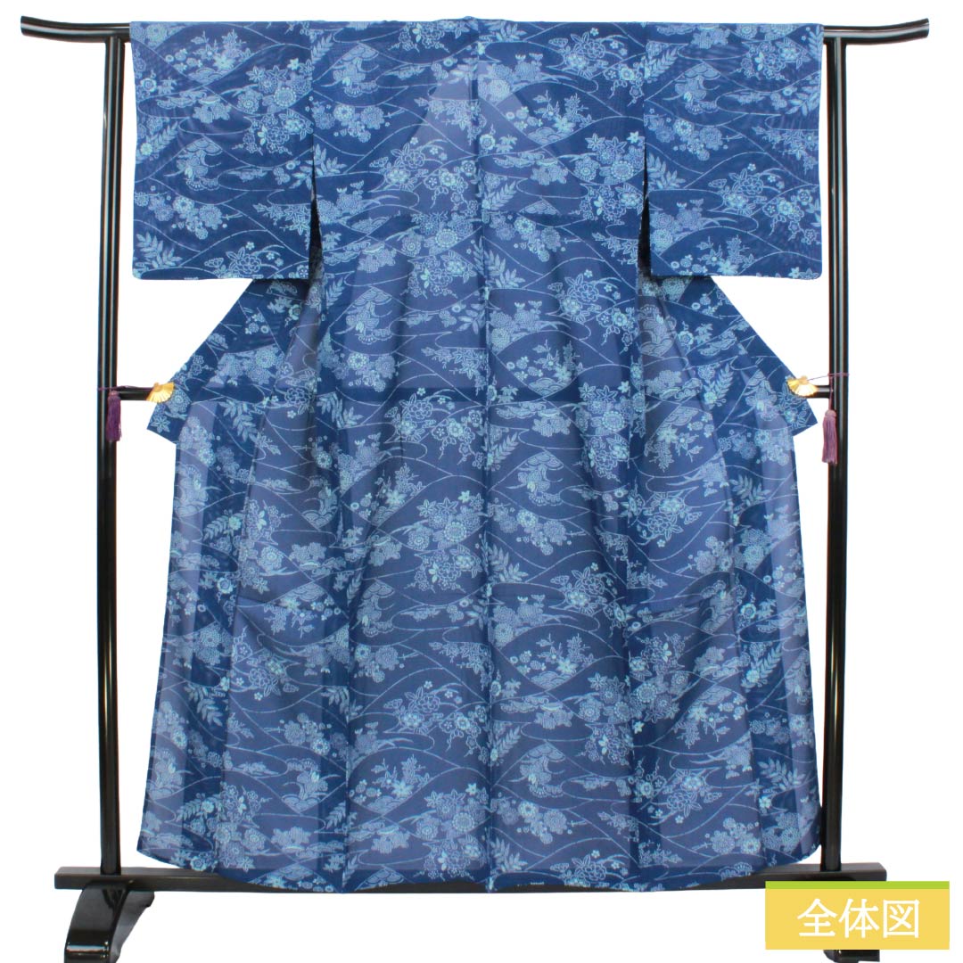 夏物 正絹 小紋 Aランク 身丈156.5cm 裄丈62.5cm 瑠璃色（るりいろ） 型染 吉祥文様 スコッチガード加工 絽 青系 1132004683317