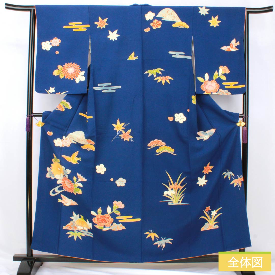 訪問着 正絹 Bランク 袷 身丈158cm 裄丈63.5cm 紺瑠璃色（こんるりいろ） 京紅型 吉祥文様 松竹梅 菖蒲 鳥 青系 1112007284317