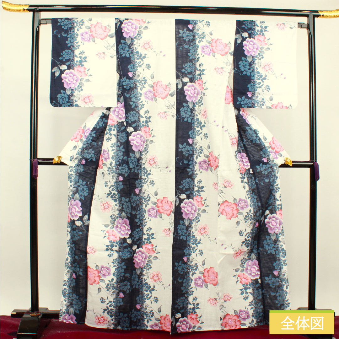 浴衣 木綿 身丈166cm 裄丈67cm Sランク 単衣 白系 竪絽（たてろ） 芍薬 1118004752511