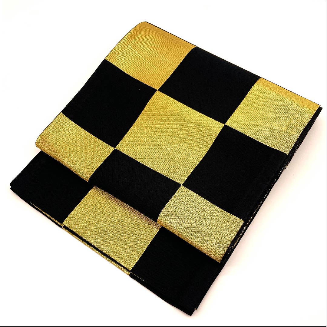 袋帯 金色 振袖用 市松 帯丈436cm 正絹 Sランク 六通 フォーマル 金系 1123006422321