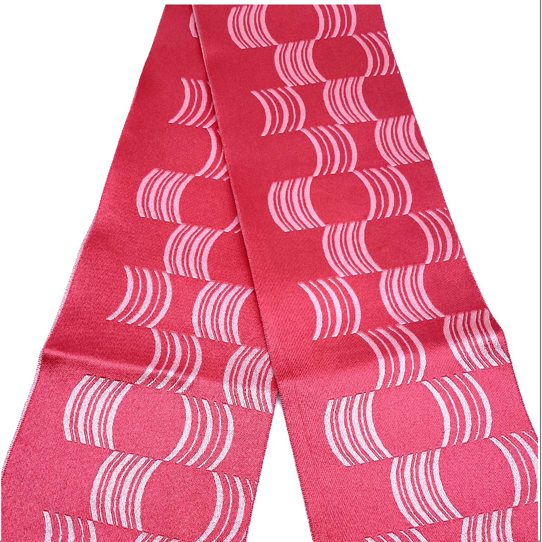 半幅帯 ポリエステル 帯丈356cm 火裏紅色（かりこういろ） 幾何学模様 曲線 ピンク系 Sランク 1125001362313