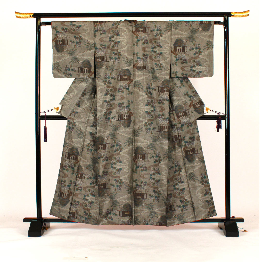 大島紬 身丈161cm 裄丈64cm 経緯絣 風景模様 正絹 Sランク 袷 茶系 1116001232414