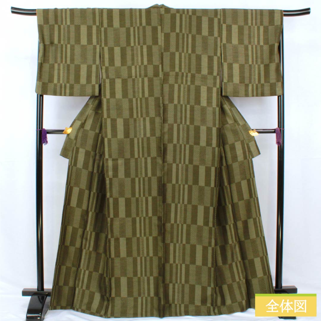 小紋 ポリエステル 身丈167cm 裄丈67.5cm 袷 藍海松茶色（あいみるちゃいろ） 洗える着物 裂取り Aランク 緑系 1115005263519