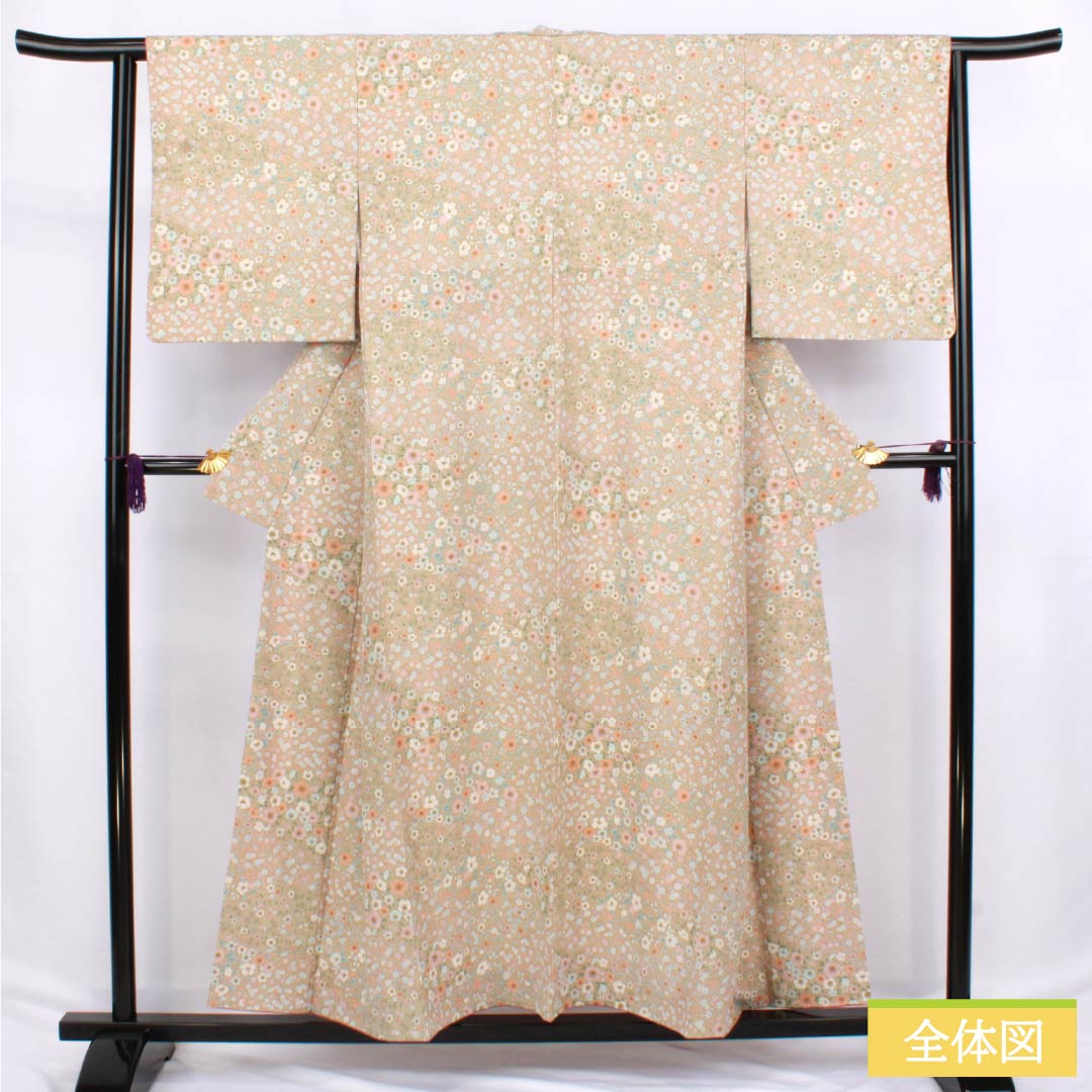 Komon (small pattern) polyester kimono, S rank, length 154cm, sleeve length 63cm, lined, Kouiro (scented color) stencil dyed floral pattern, washable, beige, 1115006532225