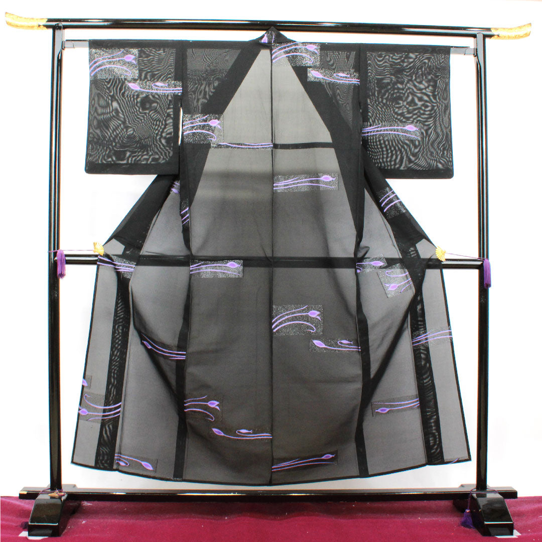 Summer pure silk tsumugi length 155cm sleeve length 62.5cm abstract pattern gauze rank S black 1132000932310