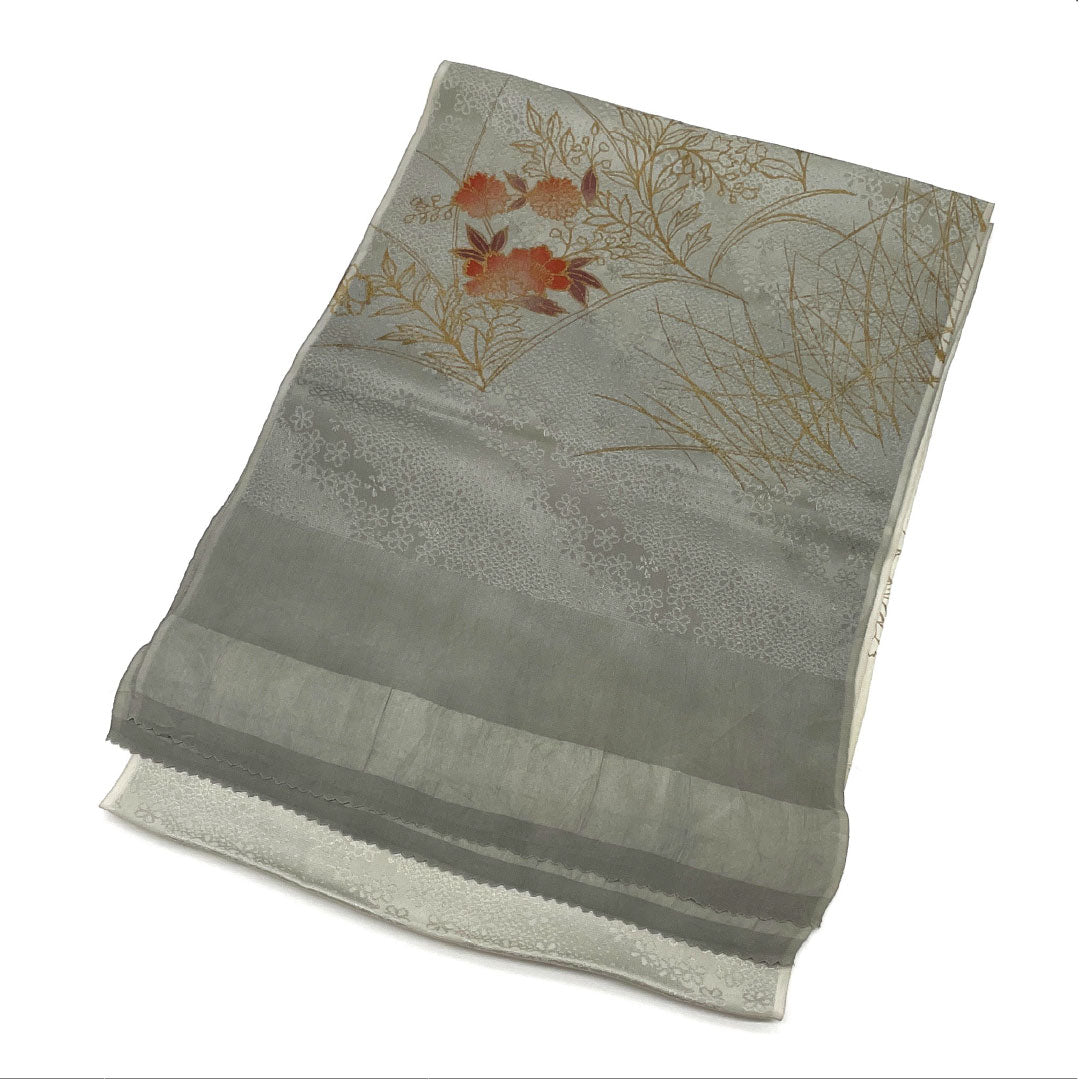 帯揚げ 正絹 Bランク カジュアル 灰色（はいいろ） 花柄 小桜  長さ約168cm 幅約29cm グレー系 1136001734922