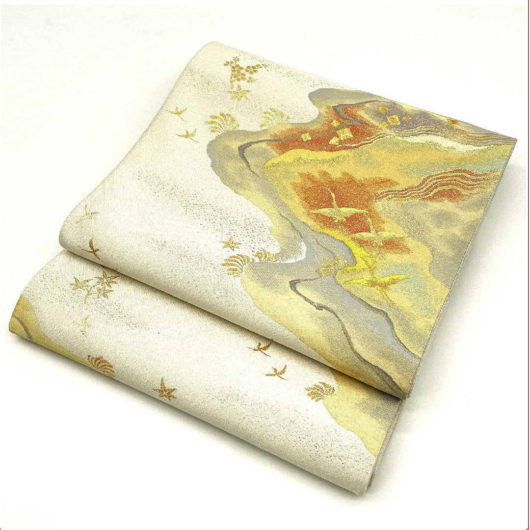 （未仕立）袋帯 となみ織物 流麗州浜文 帯丈454cm 正絹 NEWランク 六通 フォーマル 銀系 1123003571422