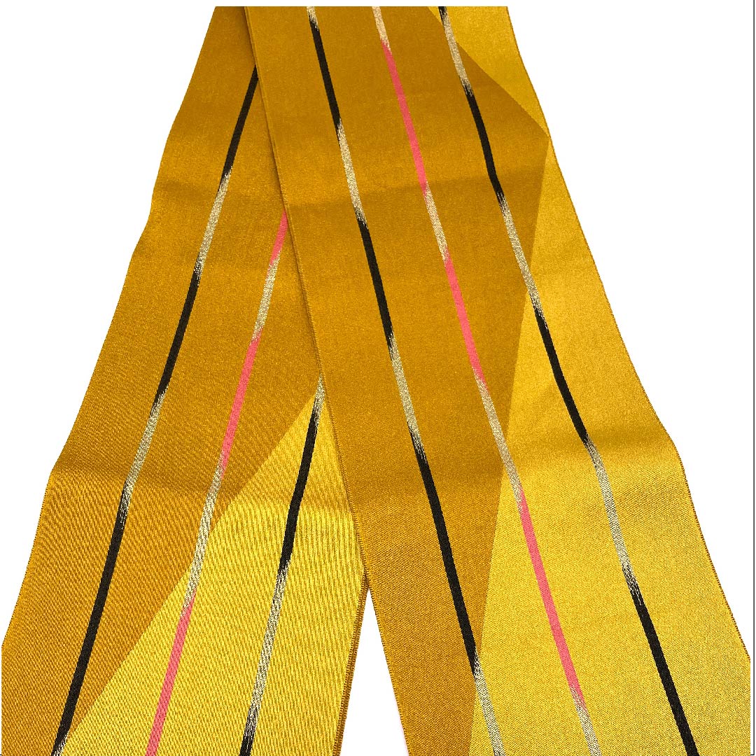 半幅帯 ポリエステル 蜜柑茶色（みかんちゃいろ） ストライプ 幾何学模様 モダン リバーシブル 帯丈352cm 茶系 Sランク 1125001282314