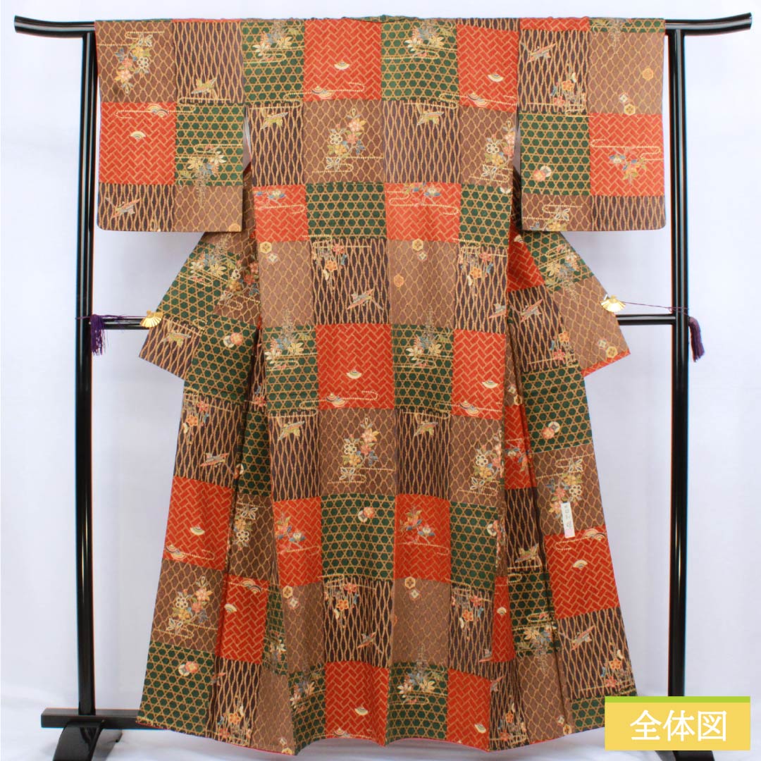 Komon (small pattern) silk, S rank, length 160cm, sleeve length 63cm, lined, Kyoto Yuzen, checkered pattern, classic artist's work, gradient effect, product number 1115006802499