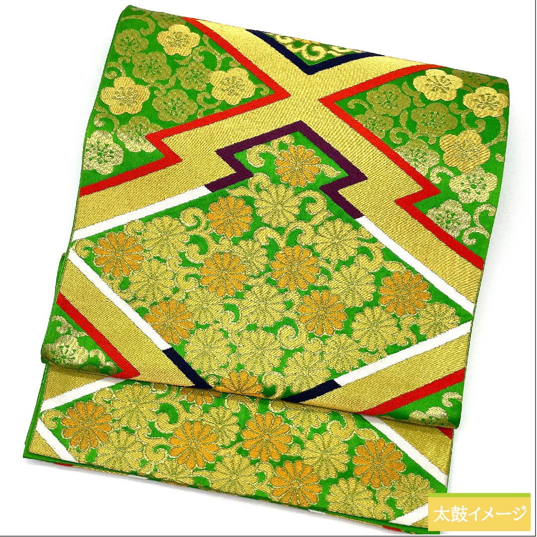 袋帯 黄緑色（きみどりいろ） 花唐草 帯丈414cm 正絹 Sランク 六通 フォーマル 緑系 1123010102319