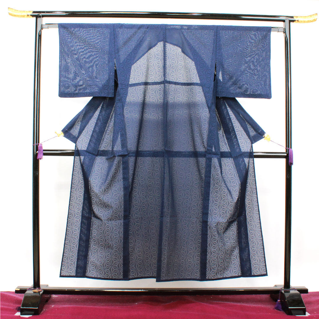 Summer item, pure silk, plain color, length 153cm, sleeve length 64cm, dark blue, hemp leaf pattern, gauze, S rank, navy blue, 1132000982218