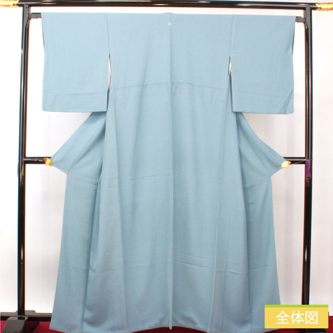 色無地 正絹 身丈164.5cm 裄丈66.5cm 朧花色（おぼろはないろ） 生繰り生糸使用 素無地 一つ紋 袷 Sランク 青系 1114001402417