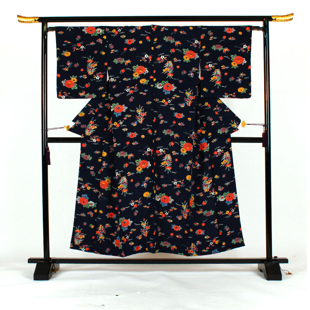 小紋 身丈154cm 裄丈66cm 袷  型染 松竹梅 花模様  正絹 Aランク 紺系 1115001213218