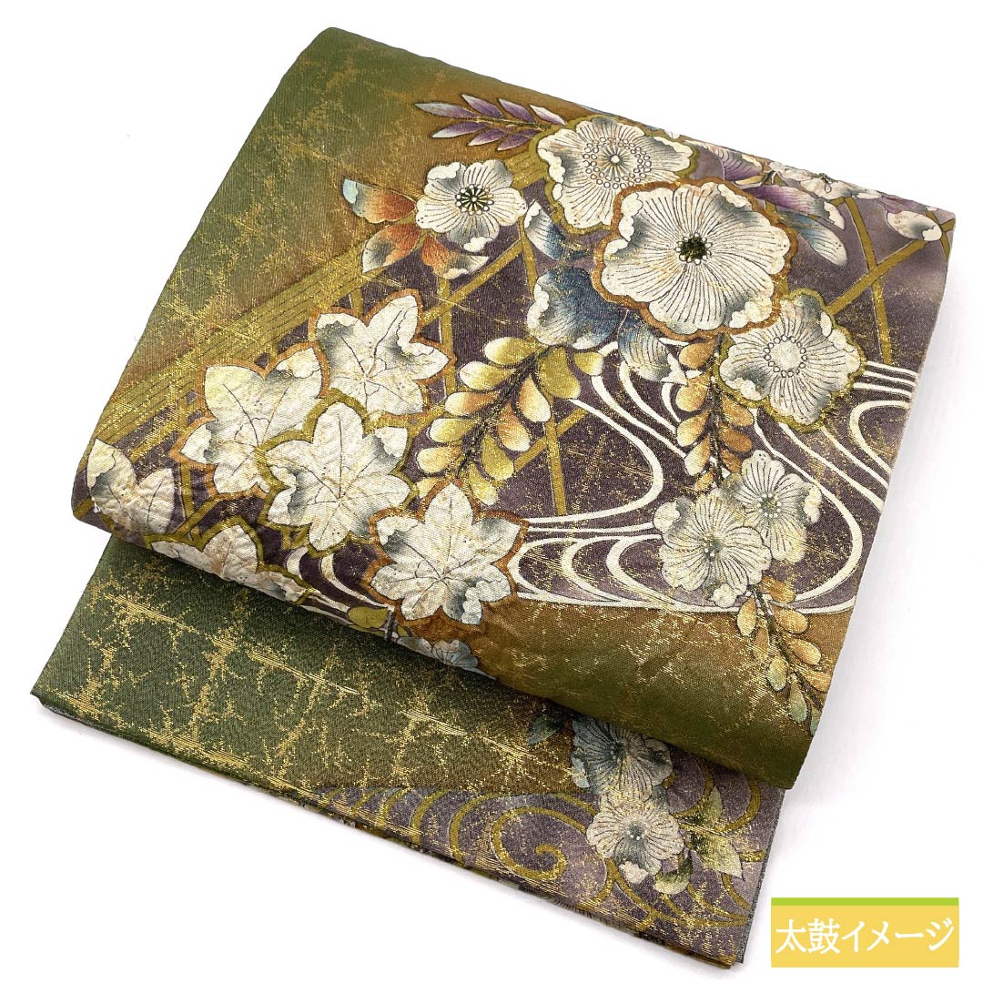 袋帯 正絹 老緑色（おいみどりいろ） 留袖用 作家物 辻ヶ花 帯丈440cm Sランク ポイント柄 フォーマル 緑系 1123014052319