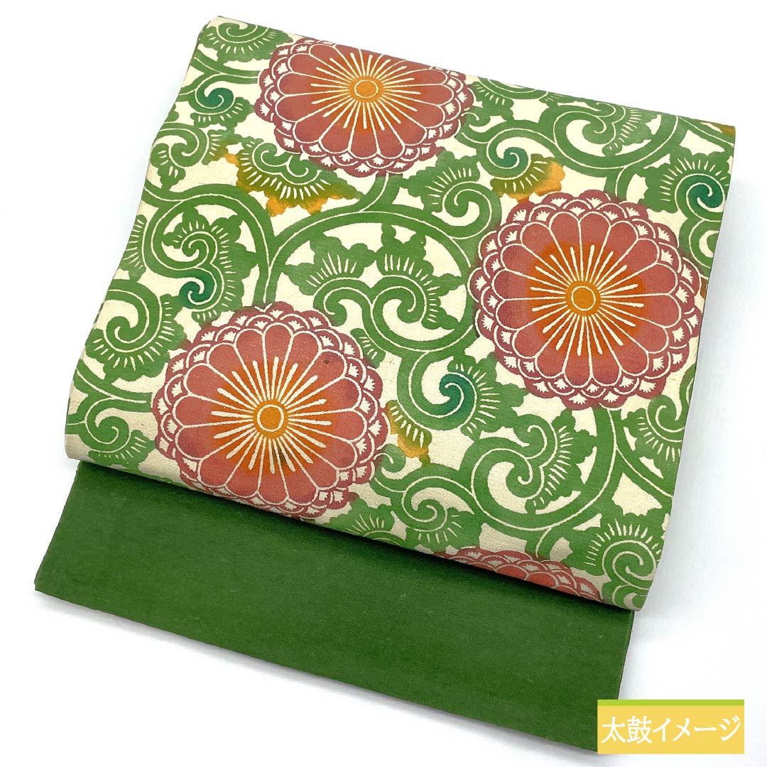 名古屋帯 生成り色（きなりいろ） 型染 菊 花唐草 帯丈366cm 正絹 Aランク 全通 カジュアル クリーム系 1124006603315 開き仕立て