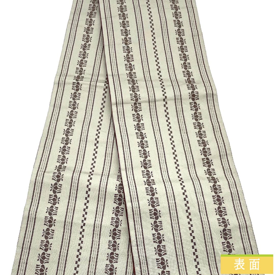 半幅帯 ポリエステル Aランク 蕎麦切色（そばきりいろ） 溜色（ためいろ） こむさでもーど 縞 花 市松 帯丈404cm グレー系 1125005713422