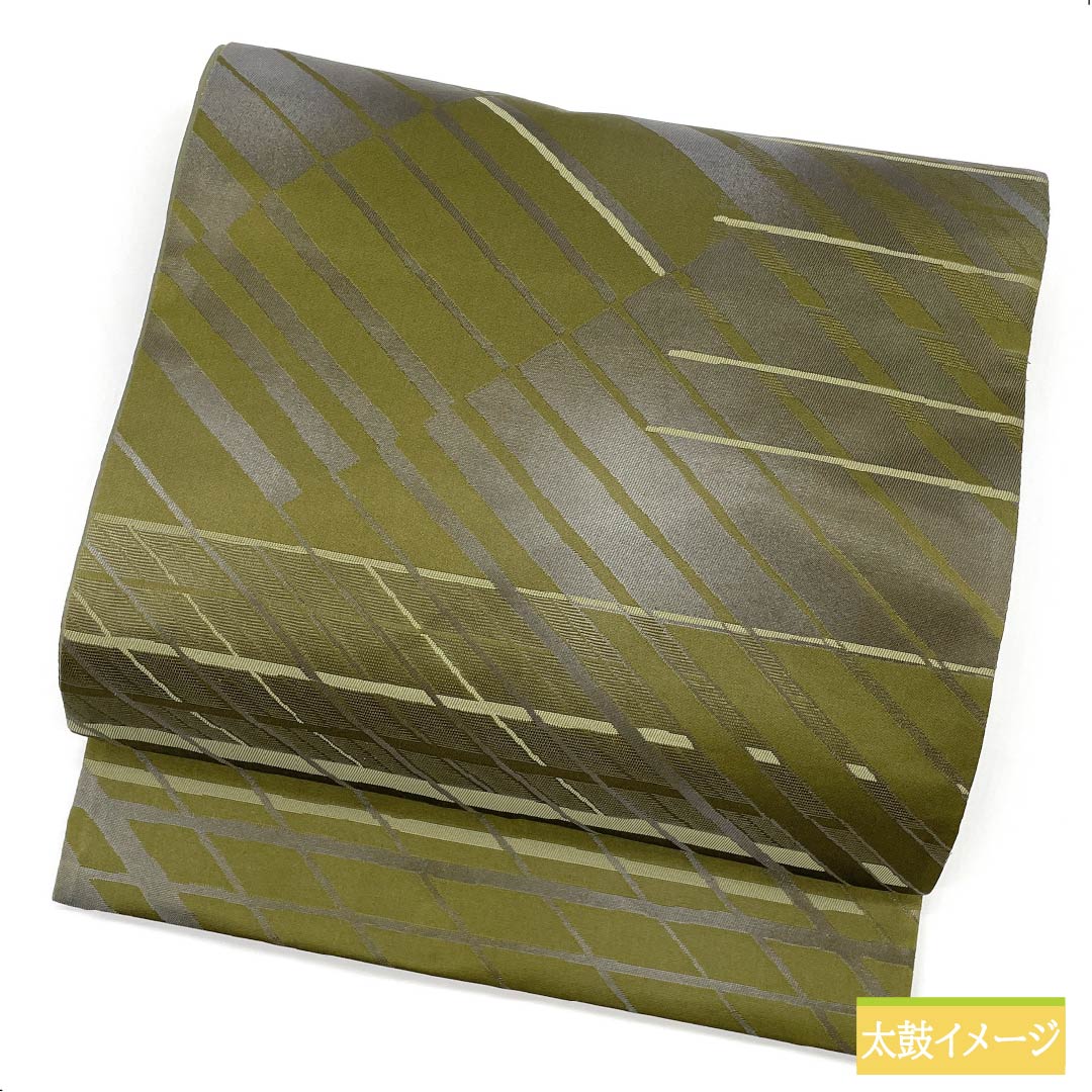 袋帯 正絹 麹塵色（きくじんいろ） 幾何学模様 帯丈432cm Sランク 六通 セミフォーマル 緑系 1123012242319
