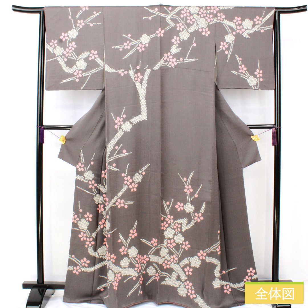 訪問着 正絹 袷 身丈164cm 裄丈63.5cm 藍鼠色（あいねずいろ） 部分絞り 桜 Aランク グレー系 1112005773422