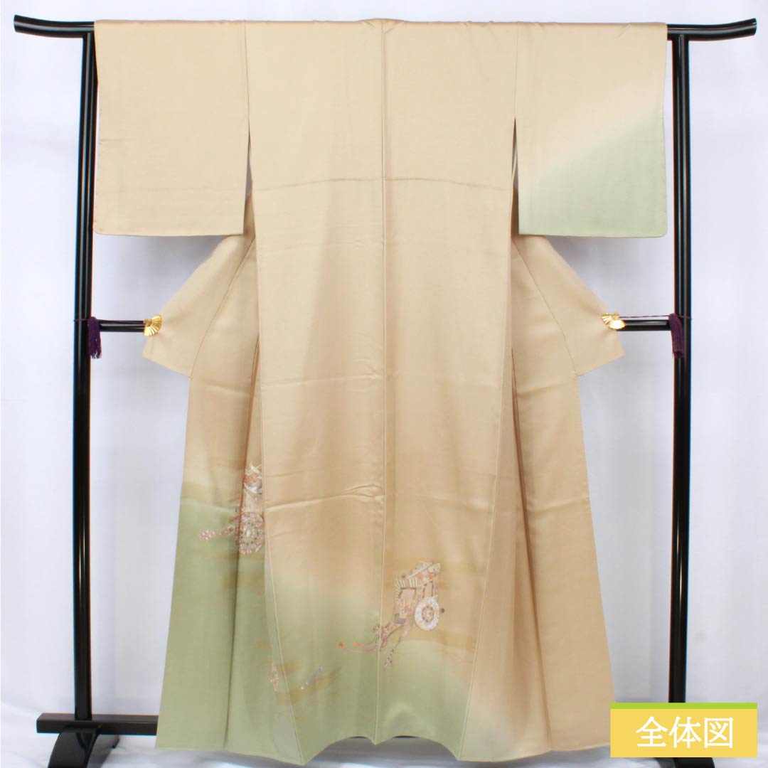 訪問着 正絹 Aランク 袷 身丈159cm 裄丈63.5cm 胡桃色（くるみいろ） 蘇州刺繡 付下げ 御所車 ベージュ系 1112006663325