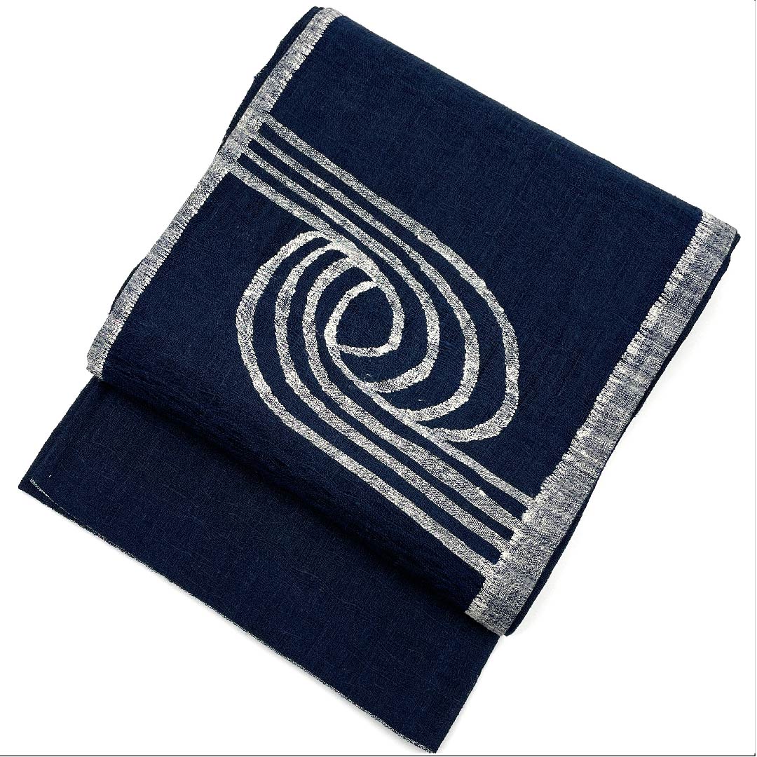 袋帯 夏帯 紺鉄色（こんてついろ） 抽象模様 夏物 帯丈440cm 正絹 Sランク ポイント柄 カジュアル 紺系 1123008522318