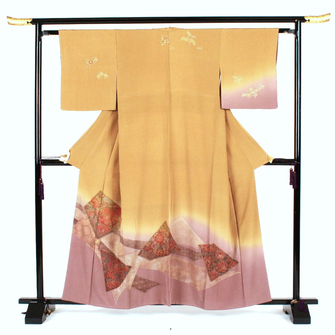 訪問着 袷 身丈159cm 裄丈62cm 汕頭刺繡 相良刺繡 黄土色 正絹 Aランク 黄系 1112001463323