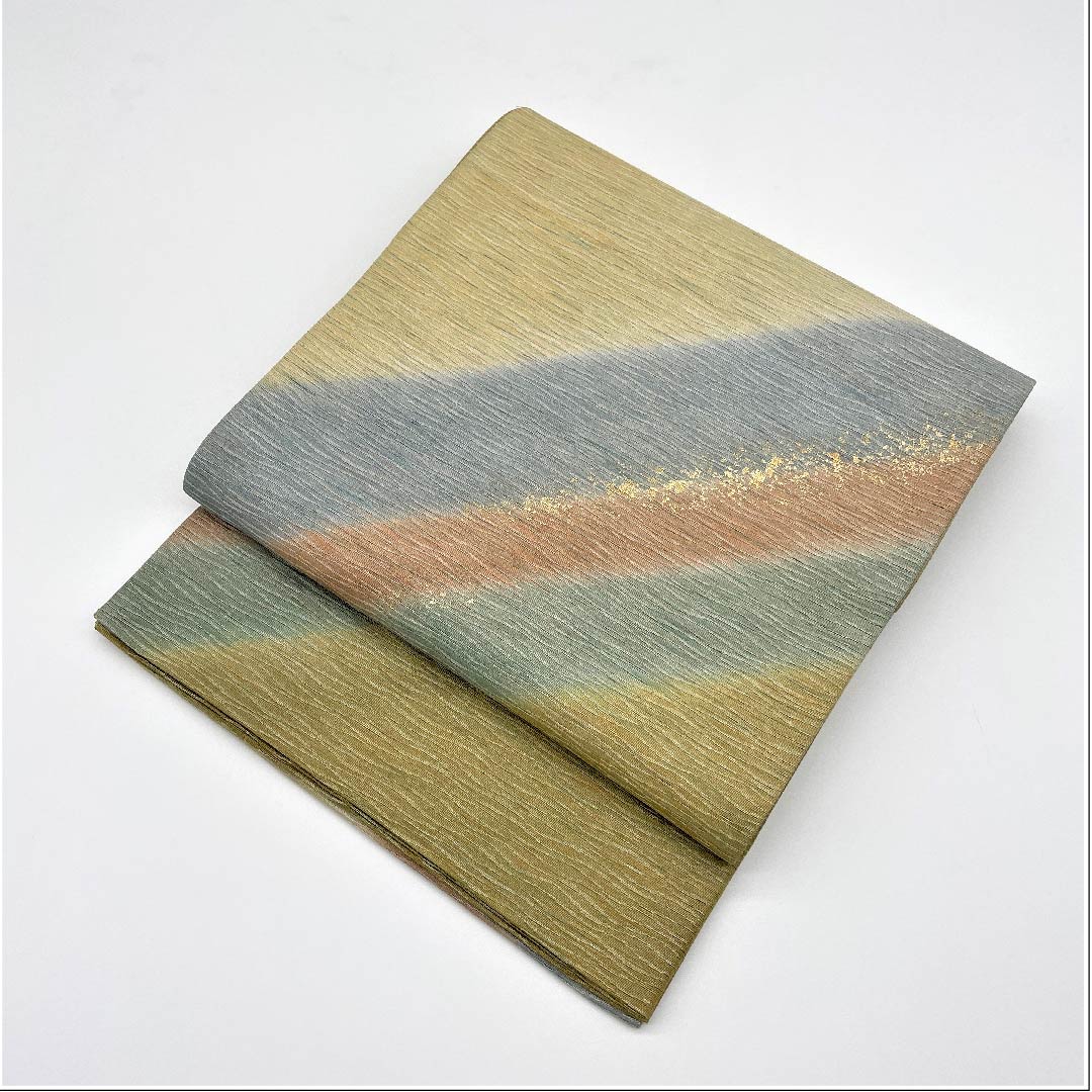 袋帯 黄海松茶色（きみるちゃいろ） 金彩 染め帯 帯丈444cm 正絹 Aランク ポイント柄 セミフォーマル 緑系 1123005413319