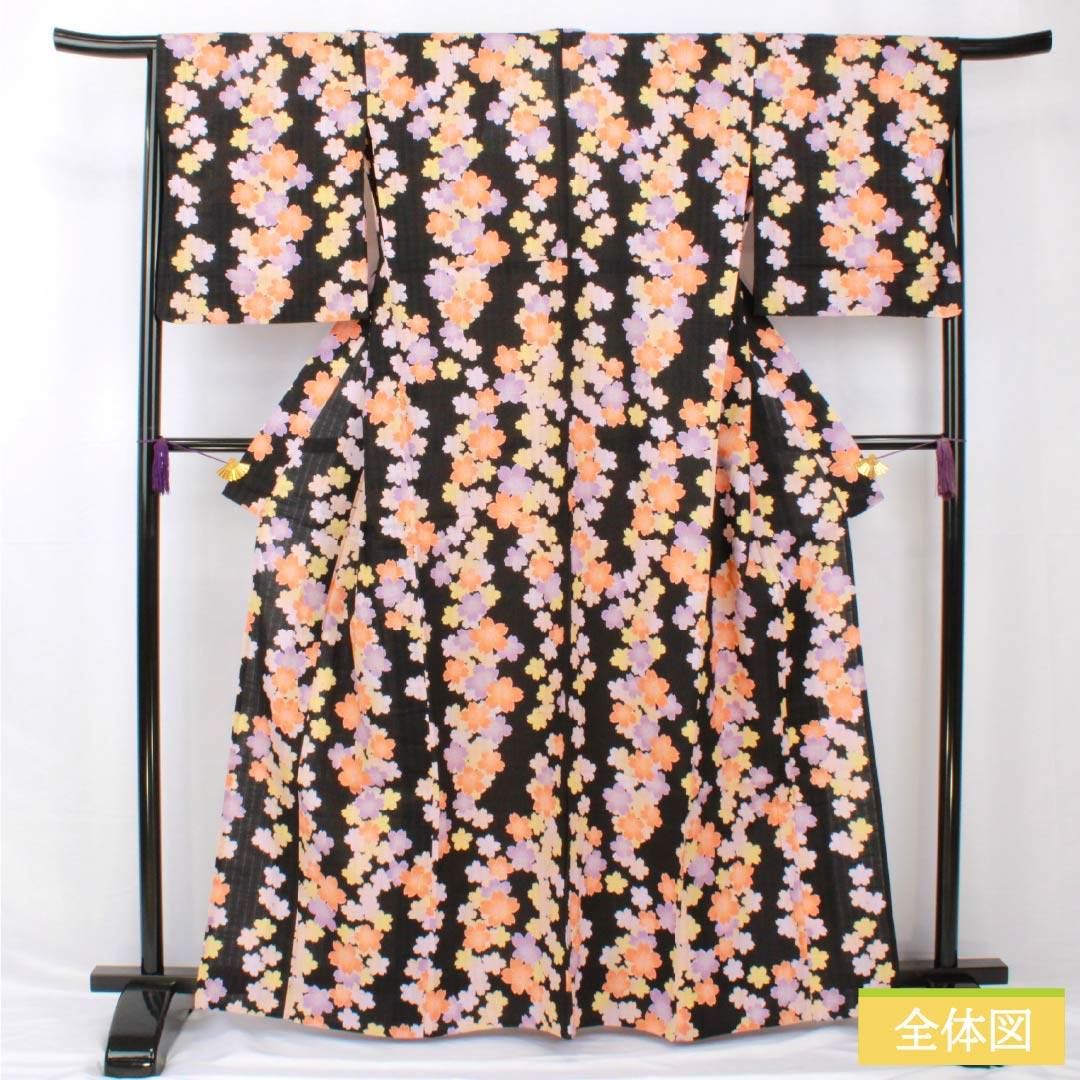 浴衣 木綿 身丈163.5cm 裄丈66.5cm Aランク 単衣 黒系 EASTBOY 桜 1118005323410