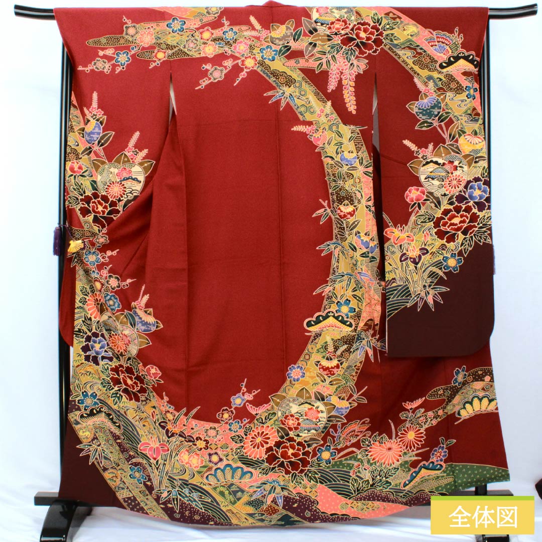 振袖 正絹 Aランク 身丈164.5cm 裄丈67.5cm 袷 牛血紅色（ぎゅうけつこういろ） 京紅型 吉祥文様 夢ガード加工 赤系 1113002923412