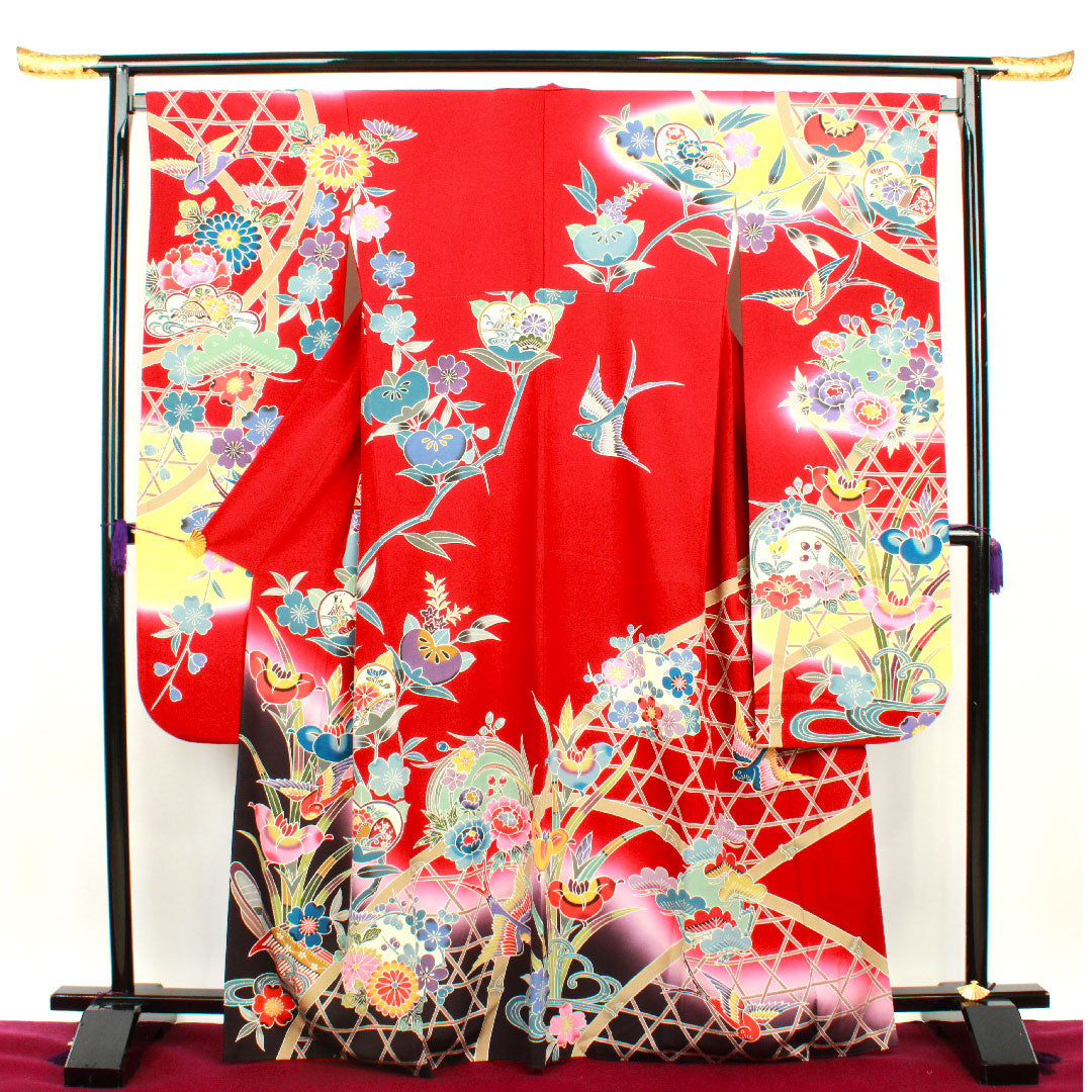 振袖 身丈168cm 裄丈68.5cm 袷  生臙脂色 京紅型 作家物  正絹 Sランク 赤系 1113001222512