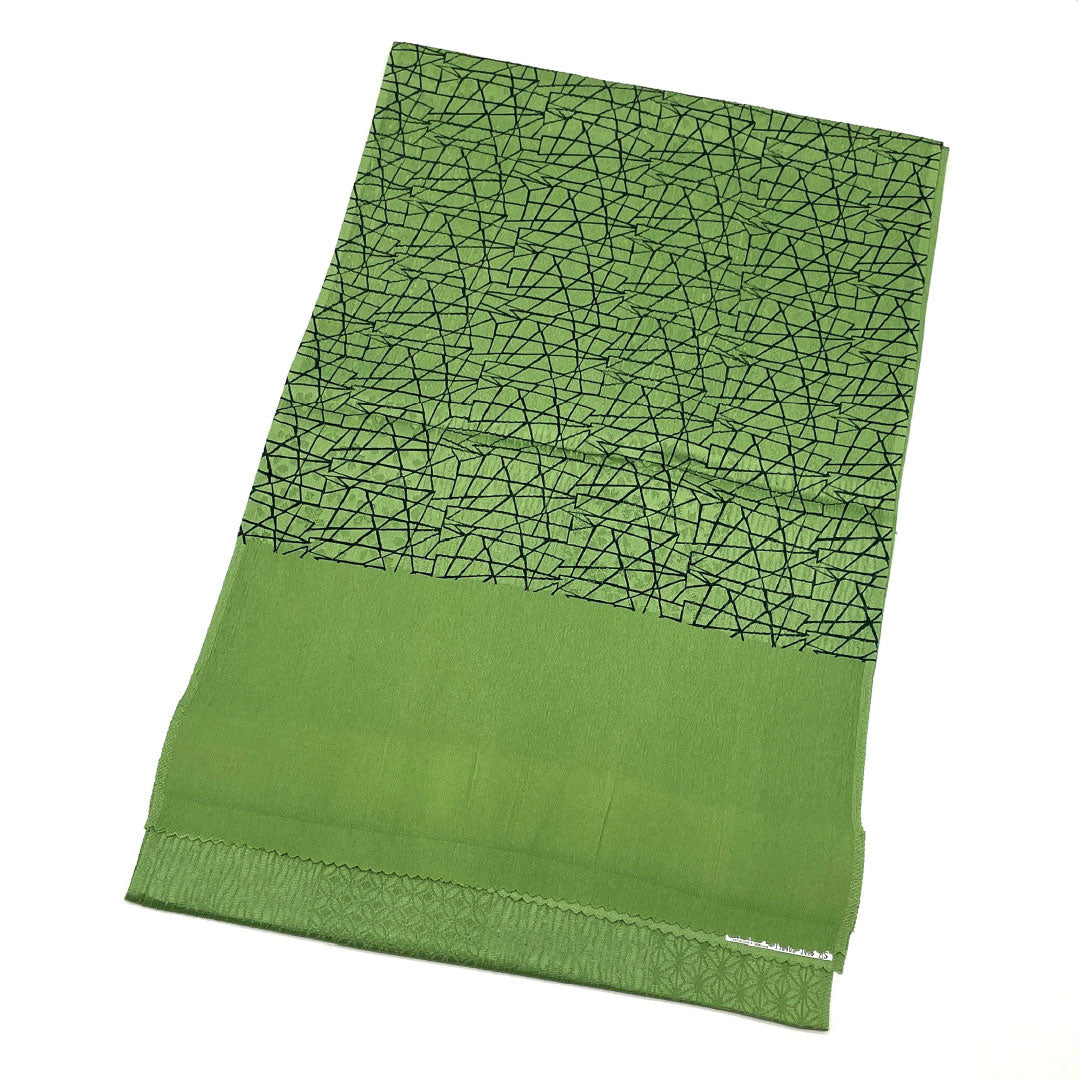 (Like New) Silk Obiage (Sash) - New, Casual, Bushukan Color, Geometric Pattern with Cherry Blossoms and Hemp Leaves, Approximately 182cm Long, 30cm Wide, Green, Item Number: 1136001121919