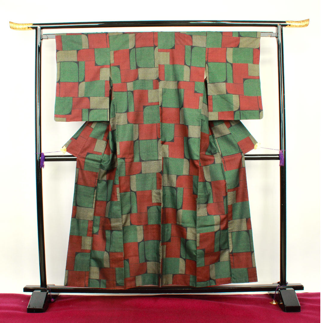 村山大島 身丈157cm 裄丈61.5cm 市松 正絹 Aランク 袷 黒系 1116001973310