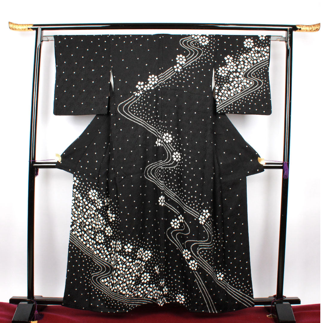 訪問着 袷 身丈159.5cm 裄丈62cm 絞り 花模様 正絹 Aランク 黒系 1112001693310