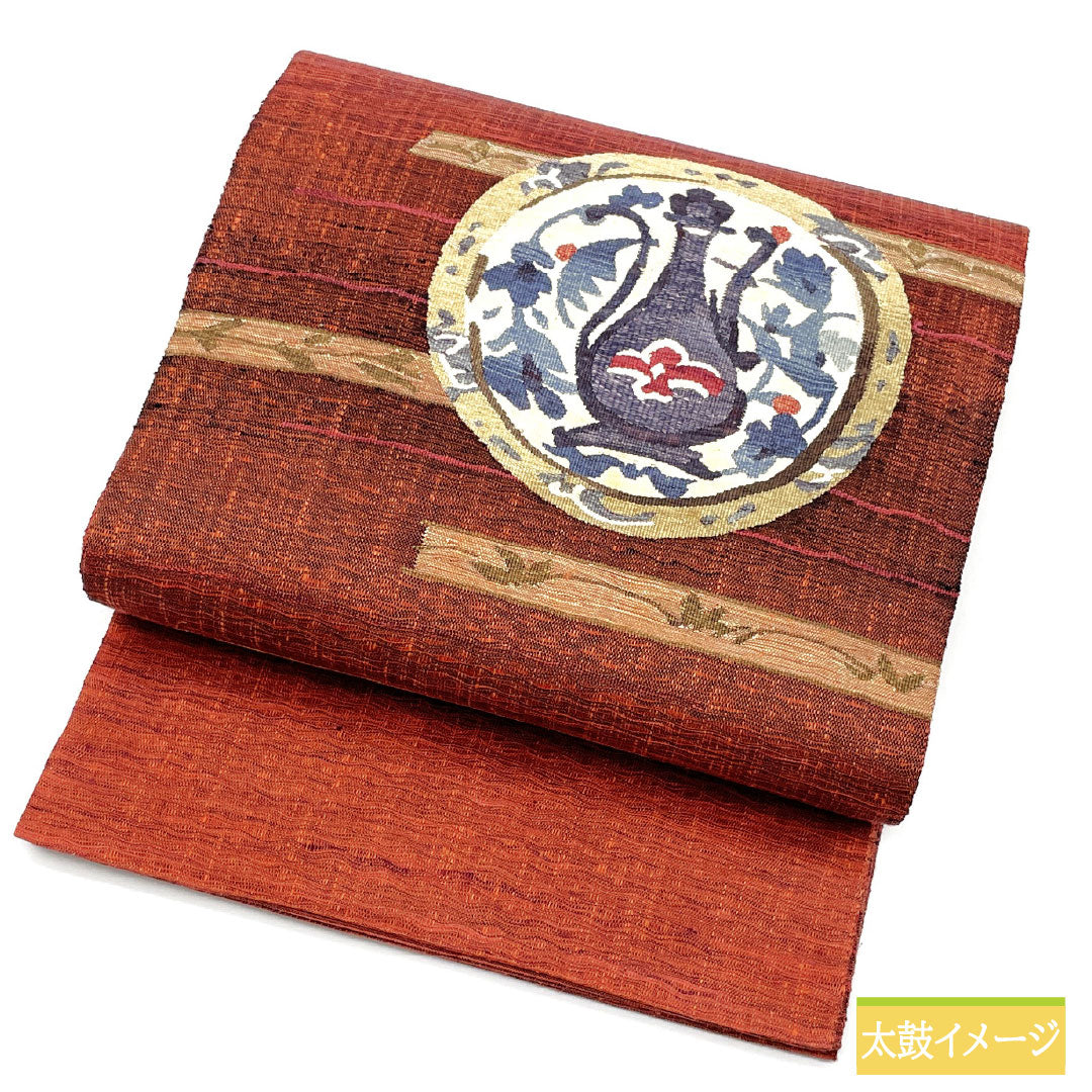 袋帯 正絹 Sランク 櫛織 西陣織 抽象模様   帯丈446cm ポイント柄 カジュアル 赤系 1123016812312