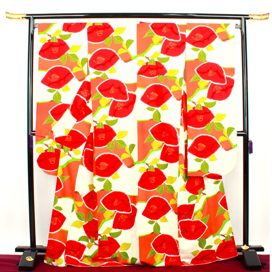 振袖 身丈170cm 裄丈65.5cm 袷  生成り色 洗える着物 椿  ポリ Aランク 白系 1113001413611