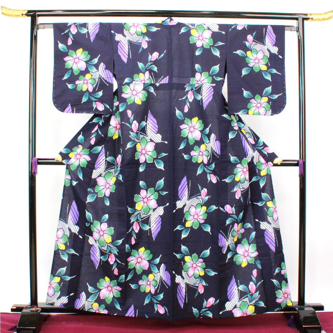 Yukata, dark blue, floral pattern, cotton, S rank, single layer, length 161.5cm, sleeve length 64cm, navy blue, 1118001982418