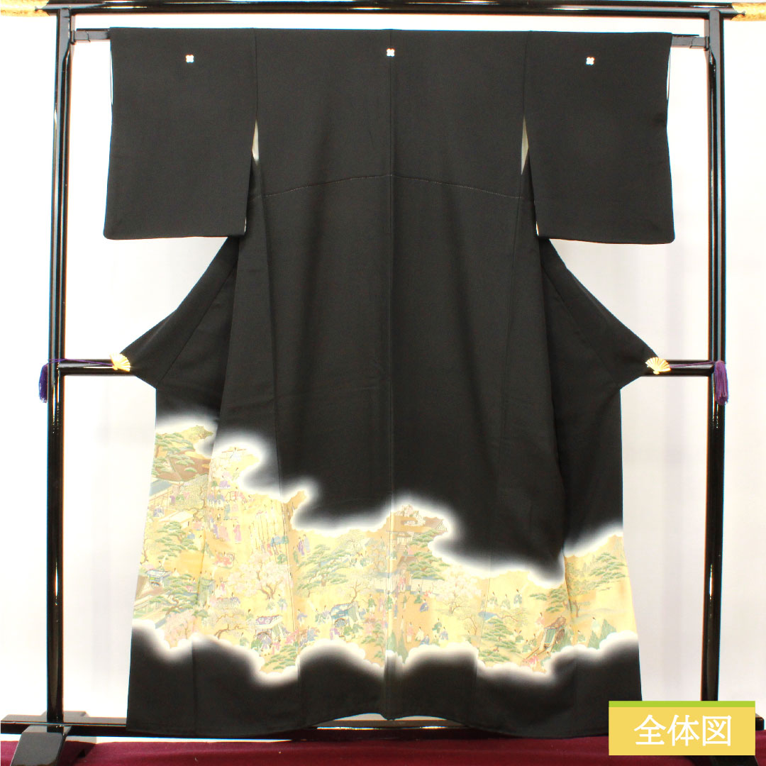 Black formal kimono, pure silk, length 156.5cm, sleeve length 63cm, lined, Kotobuki weave, historical figures and landscapes, new repelling processing, five crests, different hawk feathers, S rank, black, 1111001332310