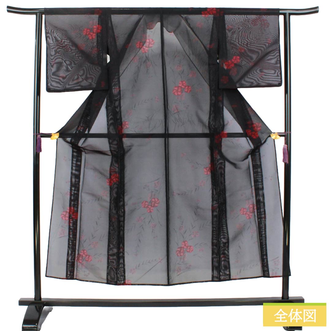 夏物 正絹 お召 Aランク 身丈150.5cm 裄丈63cm コスモス 紗 黒系 1132004653110