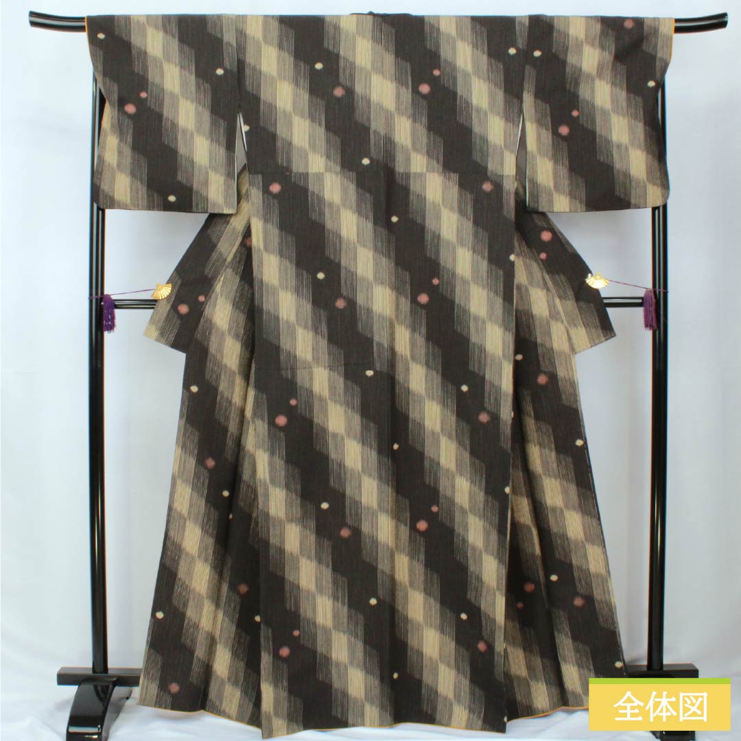 小紋 ポリエステル 身丈166.5cm 裄丈69cm 袷 網代 水玉 洗える着物 Sランク 黒系 1115005862510