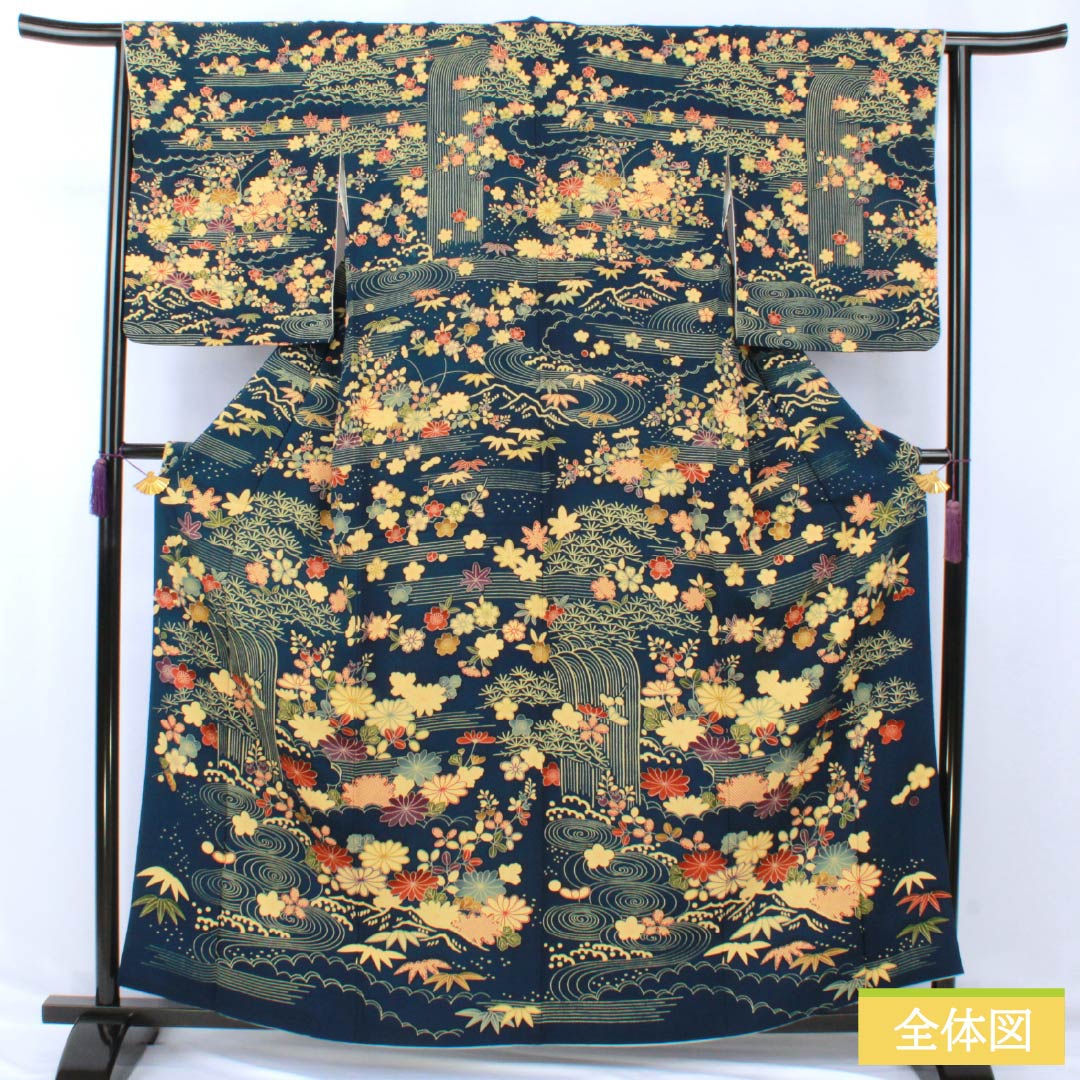 訪問着 正絹 Aランク 袷 身丈160cm 裄丈64.5cm 紺色（こんいろ） 型染 流水 小花 紺系 1112006913418
