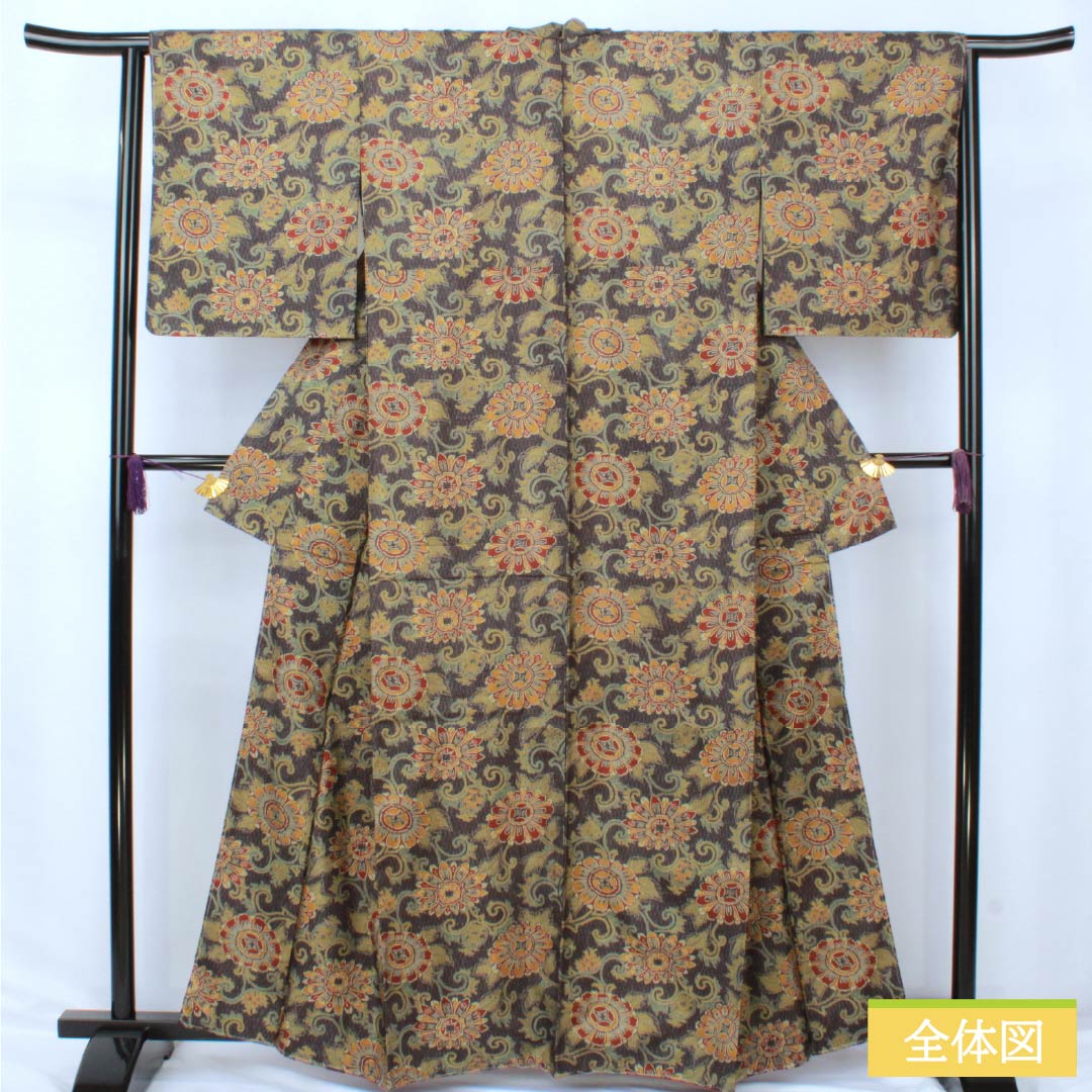 小紋 正絹 Sランク 身丈161.5cm 裄丈64.5cm 袷 石板色（せきばんいろ） 更紗 しつけ糸付き グレー系 1115007182422