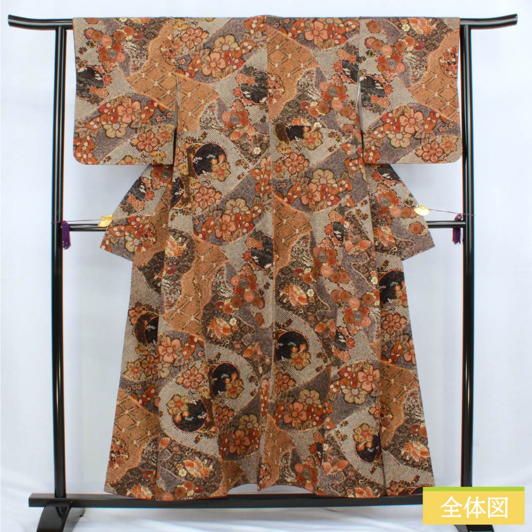 Komon (small pattern) silk, A-rank, length 152cm, sleeve length 62cm, lined, stencil-dyed, classic pattern, brown, product number 1115006503214