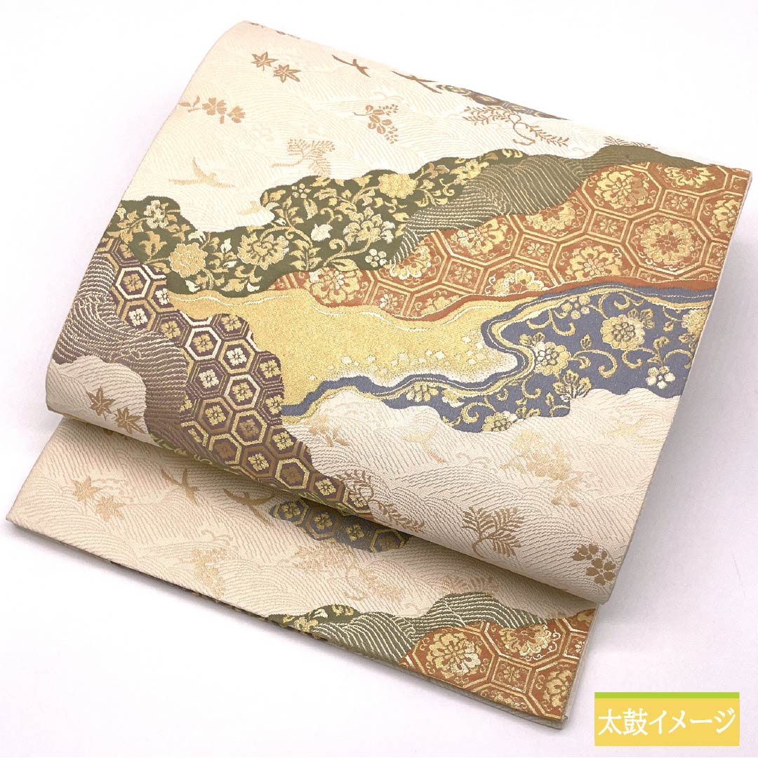 袋帯 正絹 華文 留袖用 唐花 亀甲菱 帯丈438cm Aランク 六通 フォーマル クリーム系 1123014693315